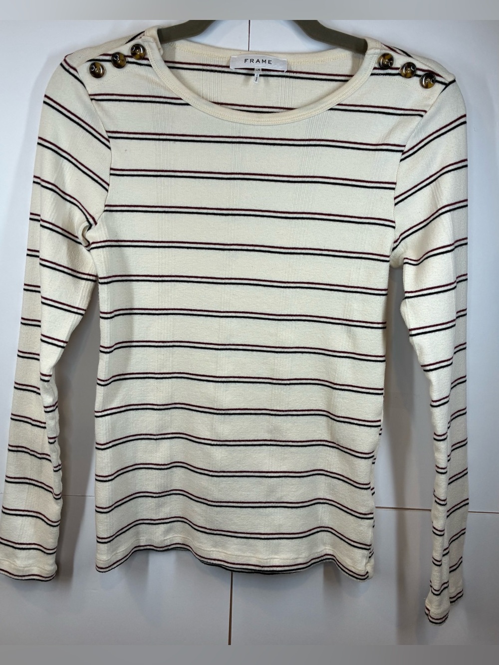 FRAME Eggshell Multi Stripe Button Shoulder Rib Knit Top Size Large
